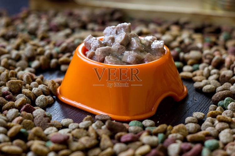 湿罐头宠物食品放在碗里周围是干粮照片摄影图片
