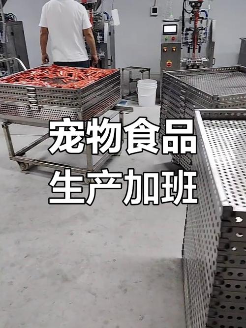 宠物食品代工车间,员工加班忙碌场景